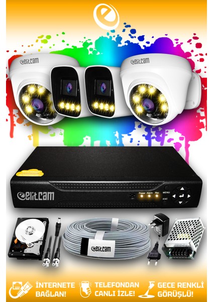 4 Kameralı Zebra 2 Iç Kamera Set 2 Tb HDD Full Hd Renkli Gece Görüşlü Güvenlik Kamerası Sistemi