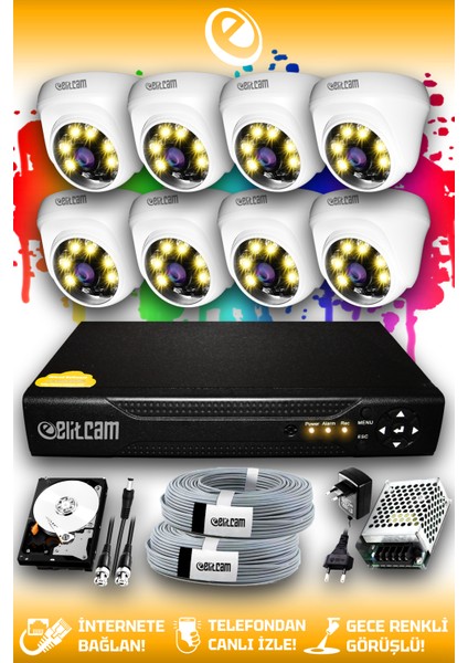 8 Kameralı Dome 8 Iç Kamera Set 2 Tb HDD Full Hd Renkli Gece Görüşlü Güvenlik Kamerası Sistemi
