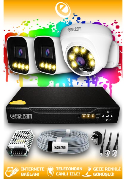 3 Kameralı Zebra 1 Iç Kamera Set Hdd'siz Full Hd Renkli Gece Görüşlü Güvenlik Kamerası Sistemi