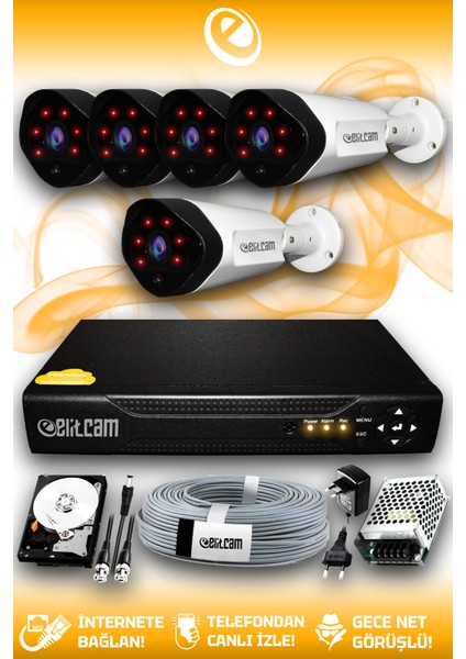 5 Kameralı Uzay 5 Dış Kamera Set 320 GB HDD Full Hd Gece Görüşlü Güvenlik Kamerası Sistemi