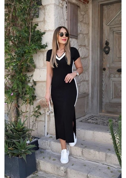 Kadın Kısa Kollu V Yakalı Yandan Şerit ve Yırtmaçlı Viskon Uzun Elbise