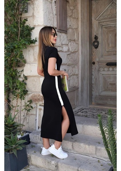 Kadın Kısa Kollu V Yakalı Yandan Şerit ve Yırtmaçlı Viskon Uzun Elbise modelleri