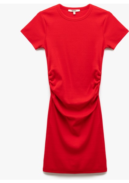 Pamuklu Kısa Kollu Bisiklet Yaka Drape Detaylı Mini Elbise