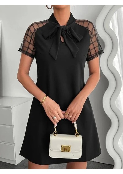 Kadın Kısa Kollu Boyundan Bağlamalı Omuzlarda Tül Detaylı Janjan Krep Elbise modelleri