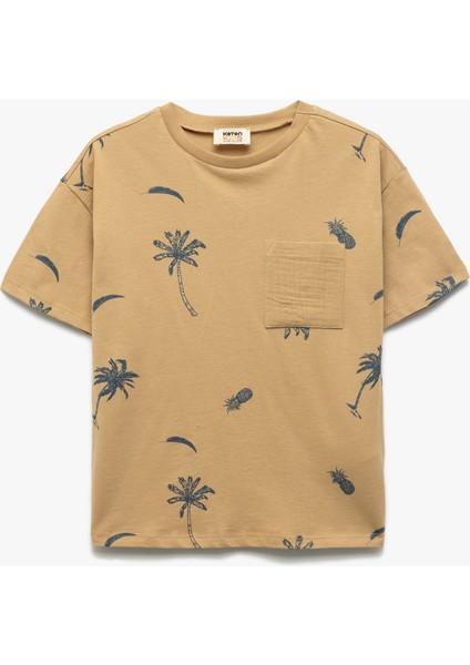 Palmiye Baskılı Kısa Kollu Bisiklet Yaka Pamuklu Tişört