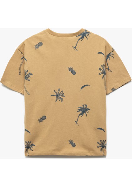 Palmiye Baskılı Kısa Kollu Bisiklet Yaka Pamuklu Tişört fiyatları