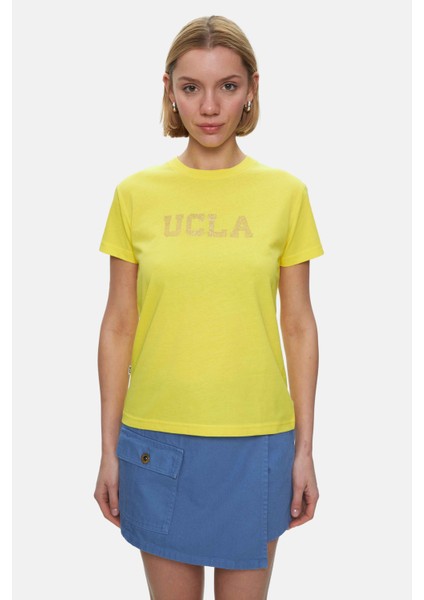 Isolde Açık Sarı Bisiklet Yaka Baskılı Standard Fit Kadın Tshirt