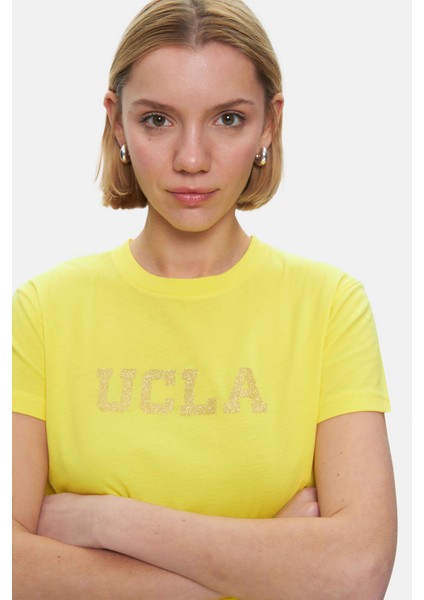 Isolde Açık Sarı Bisiklet Yaka Baskılı Standard Fit Kadın Tshirt