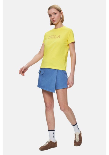 Isolde Açık Sarı Bisiklet Yaka Baskılı Standard Fit Kadın Tshirt
