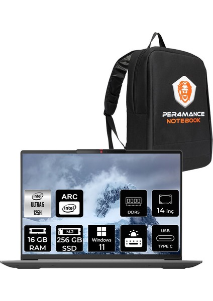 Ideapad Slim 5 Intel Core Ultra 5 125H 16GB 256GB SSD 14" Fhd+ Windows 11 Home Taşınabilir Bilgisayar & Per4 Çanta 83DA0078TRP306
