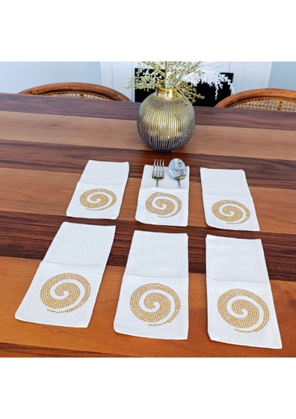 Spiral Sembol Işlemeli Kumaş Kaşıklık Servis Sunum 6 Kişilik Tasarım Çatal Bıçak Kılıfı