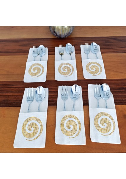 Spiral Sembol Işlemeli Kumaş Kaşıklık Servis Sunum 6 Kişilik Tasarım Çatal Bıçak Kılıfı
