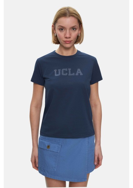 Isolde Lacivert Bisiklet Yaka Baskılı Standard Fit Kadın Tshirt