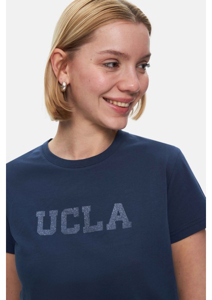 Isolde Lacivert Bisiklet Yaka Baskılı Standard Fit Kadın Tshirt fiyatları