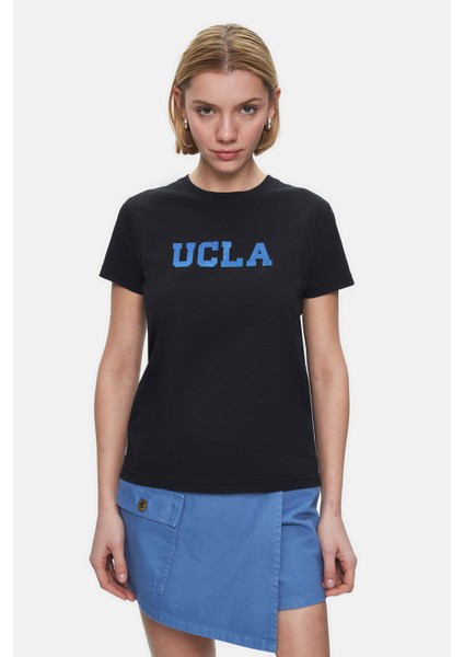Isolde Açık Sarı Bisiklet Yaka Baskılı Standard Fit Kadın Tshirt