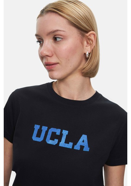 Isolde Açık Sarı Bisiklet Yaka Baskılı Standard Fit Kadın Tshirt