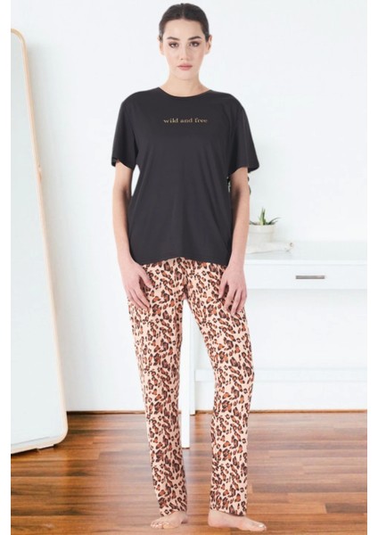 25161 Kadın Marla Leoparlı Kısa Kol Pijama Takımı