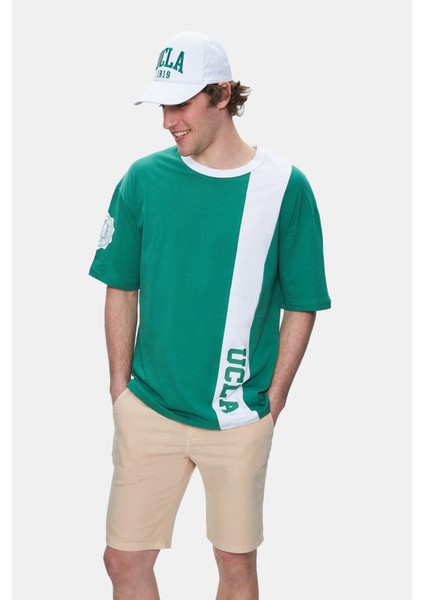 Keıth Yeşil Bisiklet Yaka Baskılı Oversize Erkek Tshirt