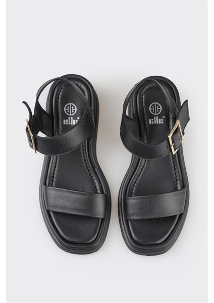 Siyah Deri Kadın Dolgu Topuk Sandalet fırsatları