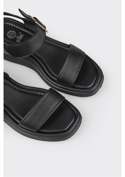 Siyah Deri Kadın Dolgu Topuk Sandalet indirimleri