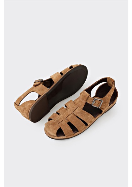 Taba Deri Kadın Düz Sandalet modelleri