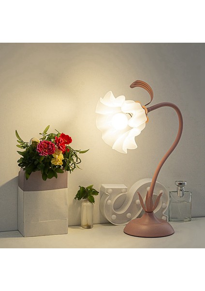 Sevimli Çiçek Masa Lambası, LED Ampullü 3 Renk Sıcaklıklı Lamba Retro Başucu Abd Fişi Pembe (Yurt Dışından)