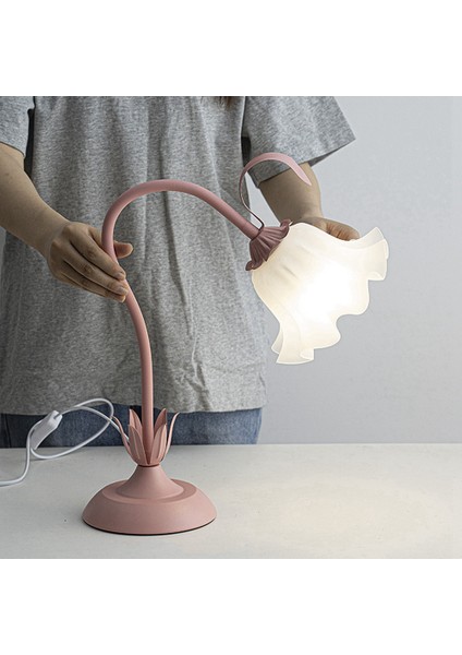 Sevimli Çiçek Masa Lambası, LED Ampullü 3 Renk Sıcaklıklı Lamba Retro Başucu Abd Fişi Pembe (Yurt Dışından)