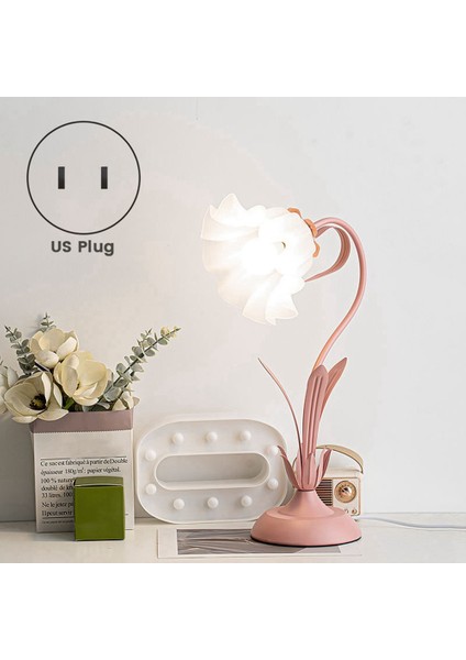 Sevimli Çiçek Masa Lambası, LED Ampullü 3 Renk Sıcaklıklı Lamba Retro Başucu Abd Fişi Pembe (Yurt Dışından)