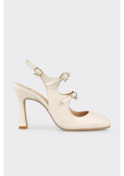 Bej Deri Kadın Topuklu Ayakkabı