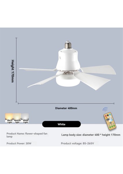 Soket Fan Işık Uzaktan Kumandalı Mesafe 5m E27 3-Hızlı Kısılabilir LED Taban Voltaj 85-265V 40W Beyaz (Yurt Dışından)