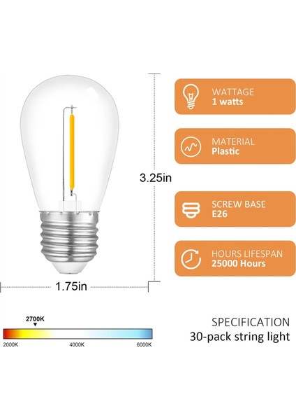 30'lu Paket Dış Mekan Ampul Dizisi, Su Geçirmez S14 Yedek Ampul, E26 Taban Sıcak Beyaz (Yurt Dışından) fiyatları