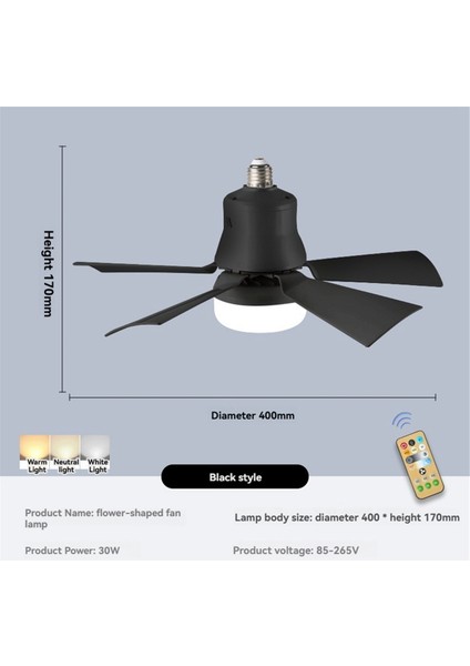 Uzaktan Kumandalı Soket Fan Işığı Mesafe 5m E27 3-Hızlı Kısılabilir LED Taban Voltaj 85-265V 40W Siyah (Yurt Dışından)
