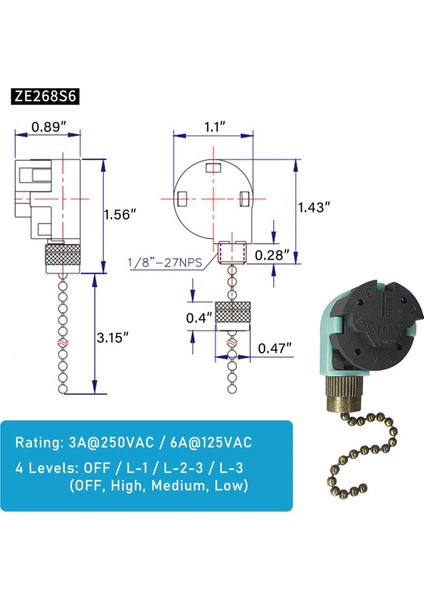 Tavan Vantilatörü Çekme Zinciri Anahtarı 3 Hızlı 4 Kablo, Kondansatör CBB61 4.5uf + 6uf 5uf 5 Kablolu 250V,A (Yurt Dışından)