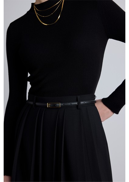 Dikdörtgen Tokalı Ince Kemer Siyah