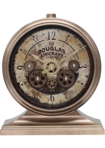Premium Serisi Antik Eskitme Kadranlı Döner Çarklı 32X28 cm Ev ve Ofis Masa ve Duvar Saati Rakamlı Bronz