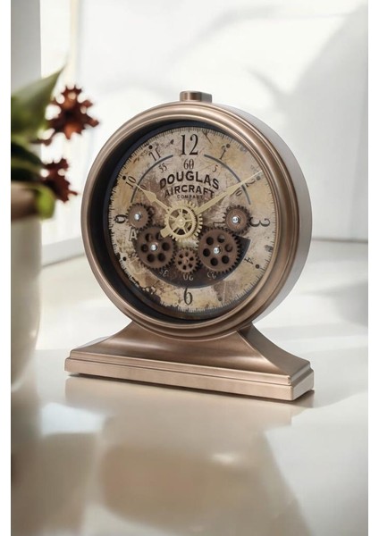 Premium Serisi Antik Eskitme Kadranlı Döner Çarklı 32X28 cm Ev ve Ofis Masa ve Duvar Saati Rakamlı Bronz modelleri