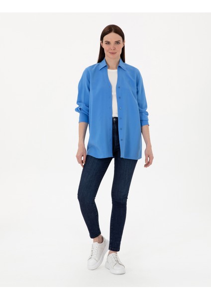 Kadın Mavi Comfort Fit Uzun Kollu Gömlek 50311566-VR036 fırsatları