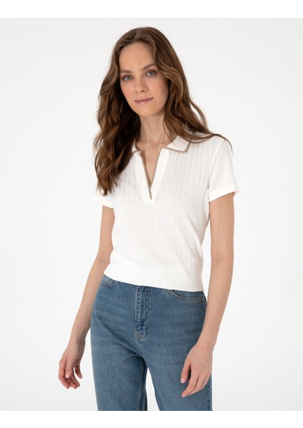 Kadın Ekru Slim Fit Basic Tişört 50306039-VR019