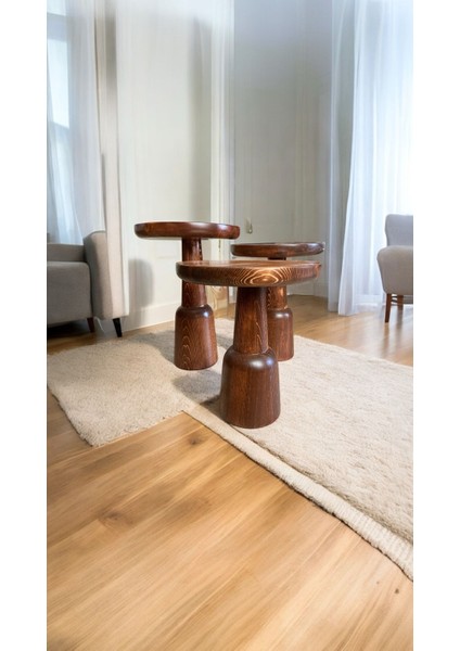 Wood Ahşap 3’lü Set Ürgüp Mantar Yan Sehpa / Kestane Renk / Zigon Sehpa Vernikli