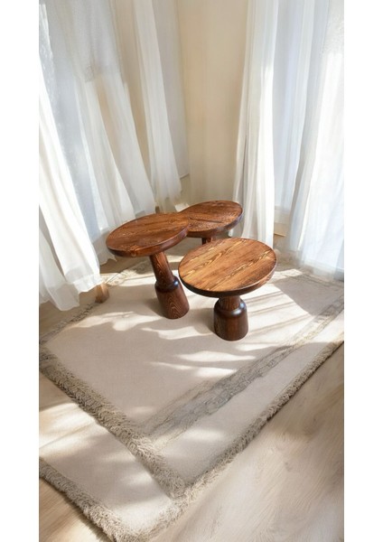 Wood Ahşap 3’lü Set Ürgüp Mantar Yan Sehpa / Kestane Renk / Zigon Sehpa Vernikli modelleri