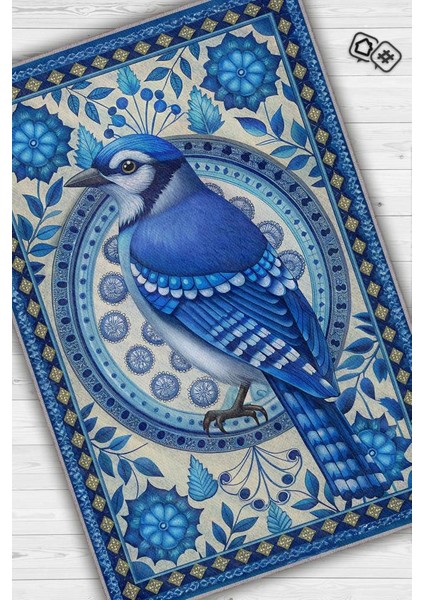 Nuh'un Gemisi Koleksiyonu Mavi Alakarga Kuşu Temalı Çiçekli Mavi Renk Bordürlü Konsept Halı fiyatları