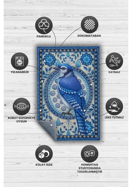 Nuh'un Gemisi Koleksiyonu Mavi Alakarga Kuşu Temalı Çiçekli Mavi Renk Bordürlü Konsept Halı fırsatları