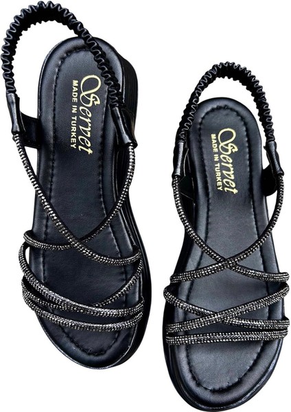 Siyah Parlak Taşlı Günlük Kadın Sandalet