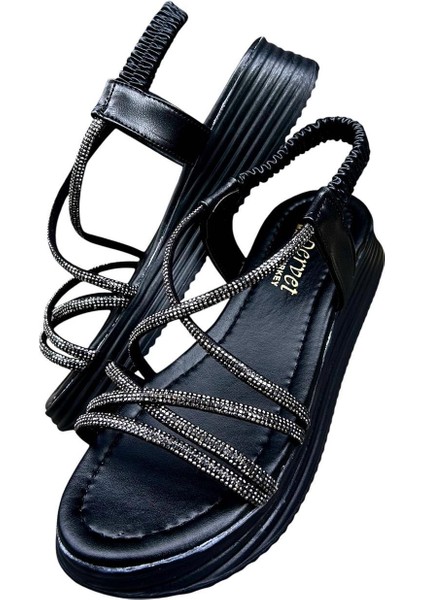 Siyah Parlak Taşlı Günlük Kadın Sandalet fiyatları