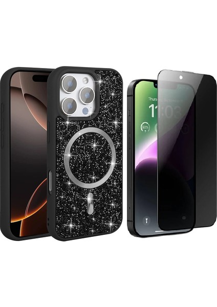Apple iPhone 16 Pro Max Kılıf Pırlanta Tasarımlı M-safe Şarj Özellikli Zore Mozaik Silikon Kapak + Hayalet Ekran Koruyucu