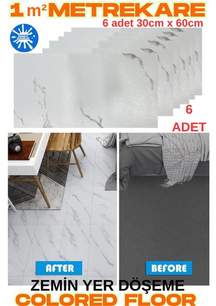 6 Adet 30CM x 60CM Yapışkanlı COLORED-605 Floor Pvc Panel Yer Zemin Kaplama Paneli Arkası Kauçuklu