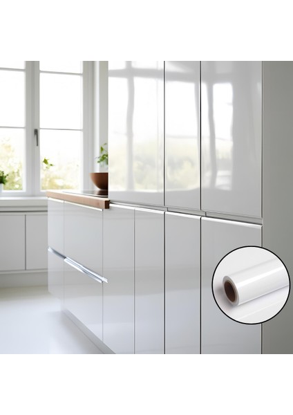 Parlak Beyaz Mobilya ve Dolap Kaplama Folyosu 50 cm x 10 Metre ( Lake, Arkası Gri)