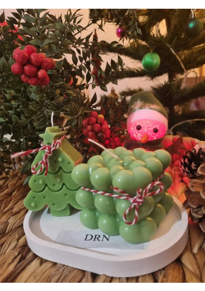 Yılbaşı Çam Ağacı ve Bubble Kokulu Mum Seti, Sunum Tabaklı