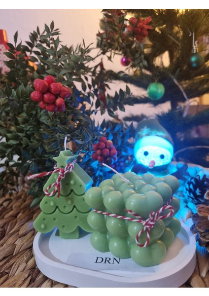 Yılbaşı Çam Ağacı ve Bubble Kokulu Mum Seti, Sunum Tabaklı