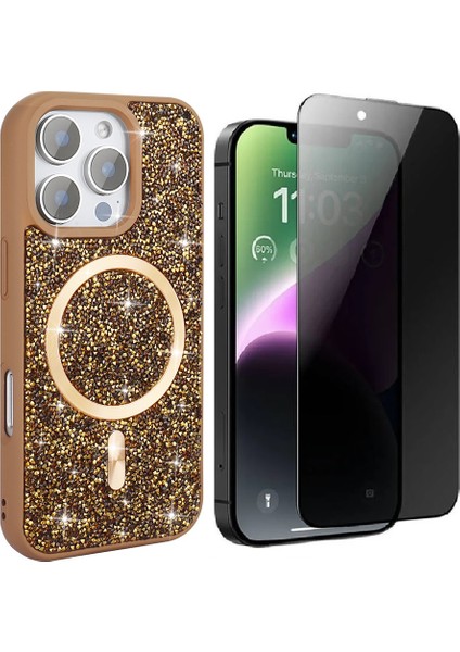 Apple iPhone 16 Pro Max Kılıf Pırlanta Tasarımlı M-safe Şarj Özellikli Zore Mozaik Silikon Kapak + Hayalet Ekran Koruyucu
